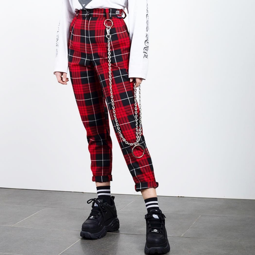 Love Too True LTT Courtney Rare Classic Ankle Trouser Red Plaid Pants UK 8 XS